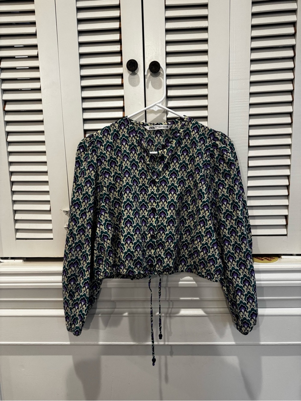 Zara Green and Blue Patterned Drawstring Cropped Blouse